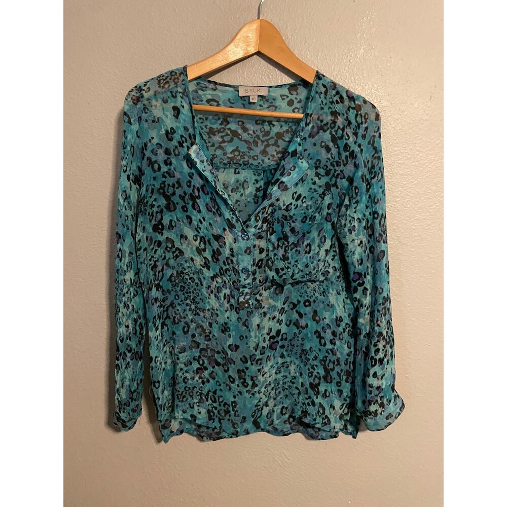 S.Y.L.K. Blouse Womens XS Blue Animal Print Sheer Chiffon Henley Long Sleeve Art